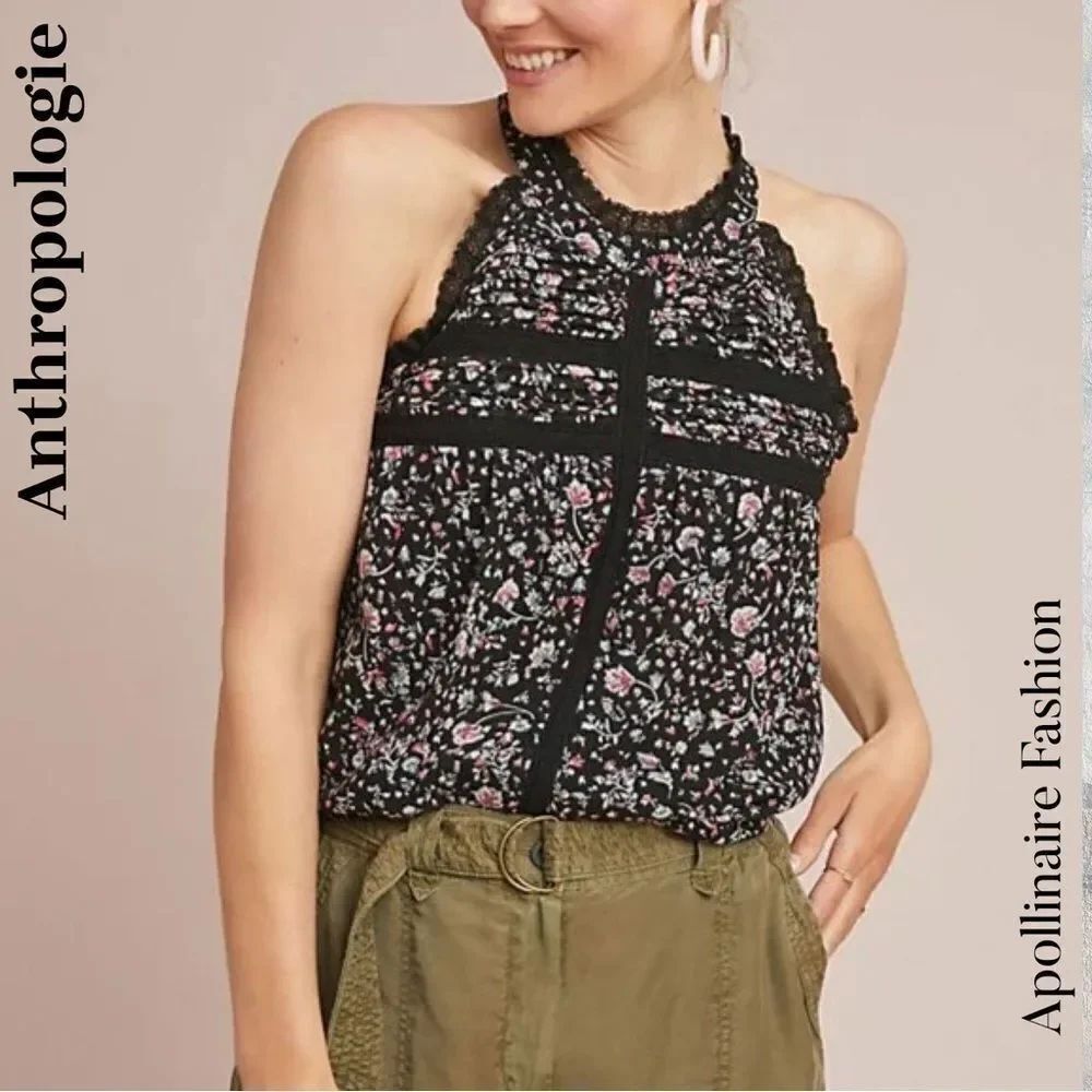 Anthropologie Women's Sleeveless High Neck LaceRuffle Floral Black Top Large New